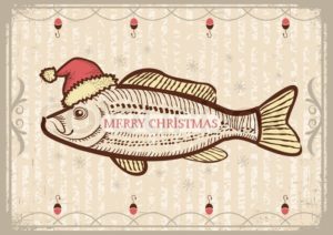 7646995-christmas-fish-in-santa-red-hatvintage-drawing-card-on-old-texture